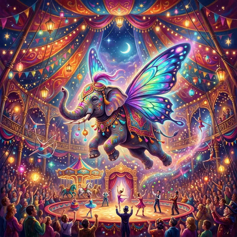 Vibrant Circus Dreamscape: Flying Elephant in Fantasy Tent