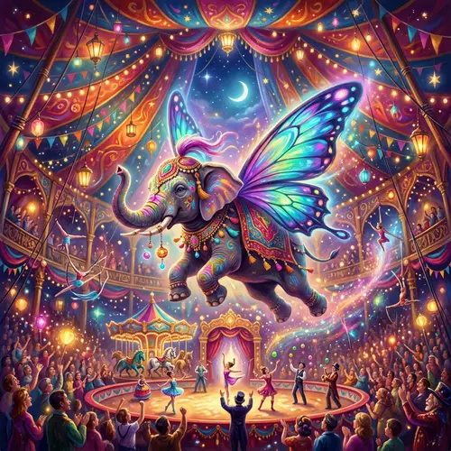 Surreal Dreamscape with Flying Elephant in Circus Tent