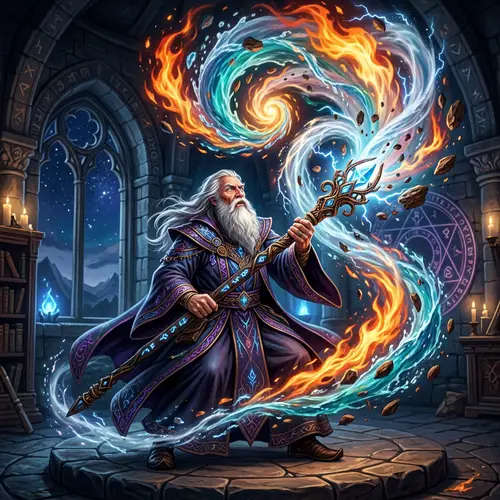Elderly Wizard Commanding the Elements