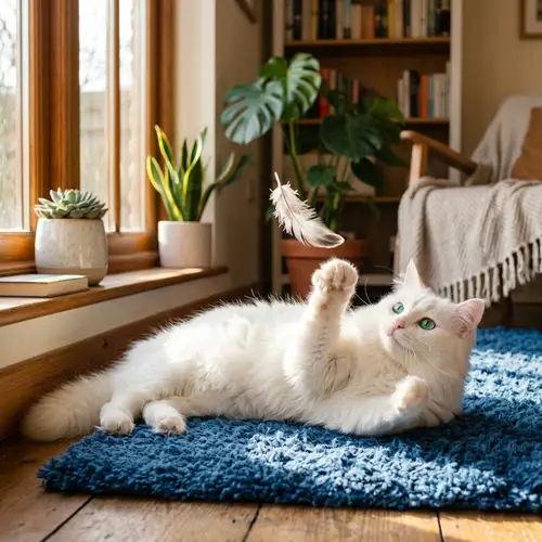 Fluffy White Cat Playing with Feather | Sunlit Cozy Room