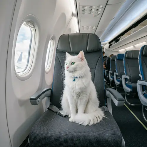 White Cat Relaxing on Airplane | Modern Interior View