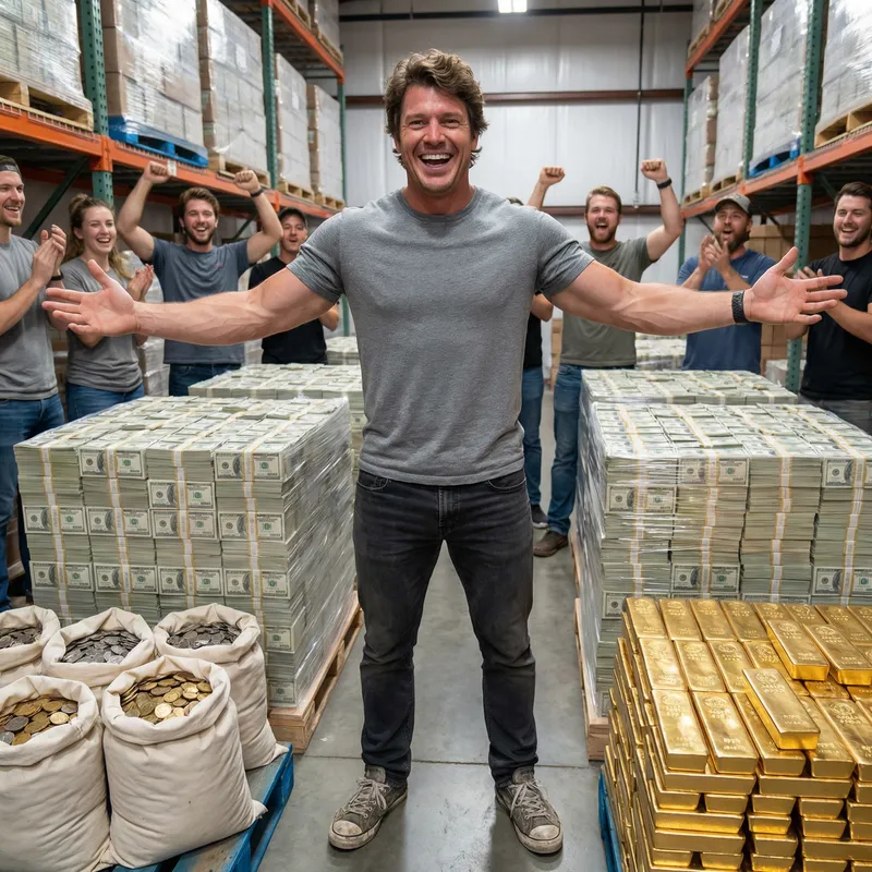 Mr Beast Surrounded by Money Stacks, Bags, and Gold Coins Mr Beast Surrounded by Money Stacks, Bags, and Gold Coins