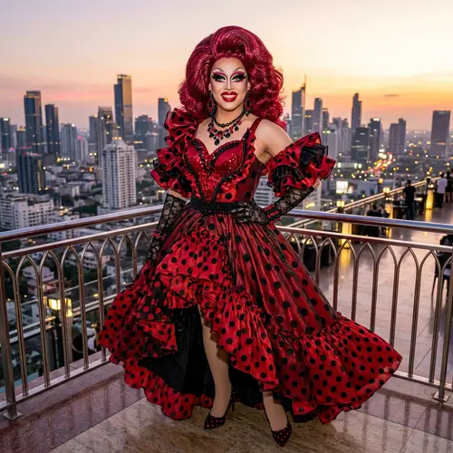 Drag-Inspired Ladybug Character with Dramatic Red and Black Dress