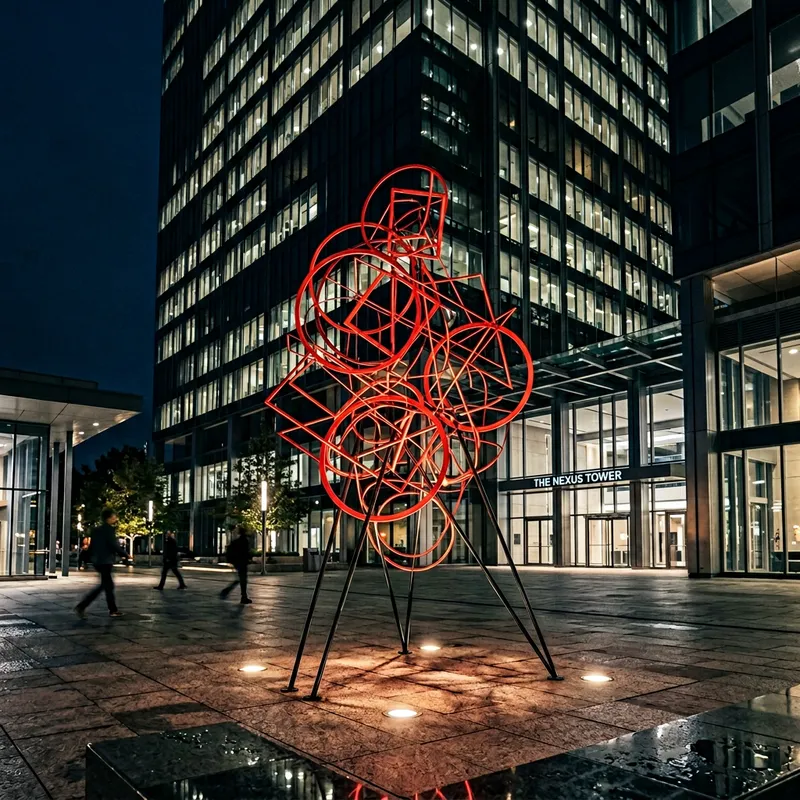 Red Circles and Squares Light Art Sculpture at Business Center Red Circles and Squares Light Art Sculpture at Business Center