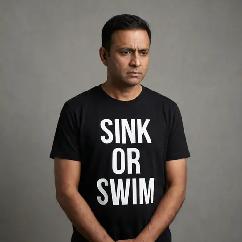 Contemplative South Asian Man in 'Sink or Swim' Black T-Shirt