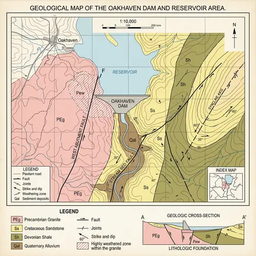 Detailed Geological Map of a Dam Area - Rocks, Structures, Sediments