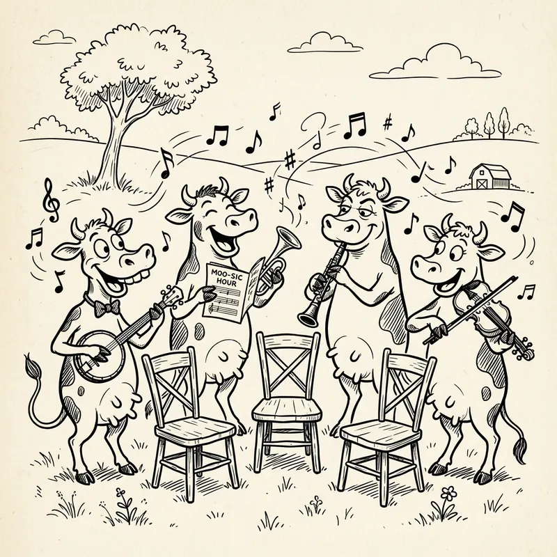 Whimsical Cows in Black and White Art