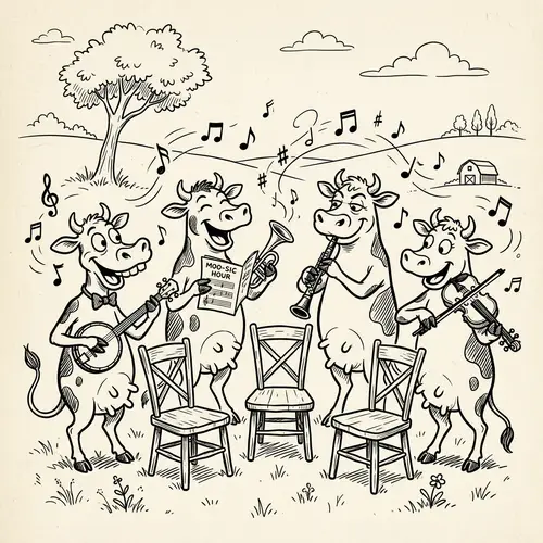 Whimsical Cows in Black and White Art