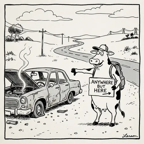 Whimsical Hitchhiking Cow Art