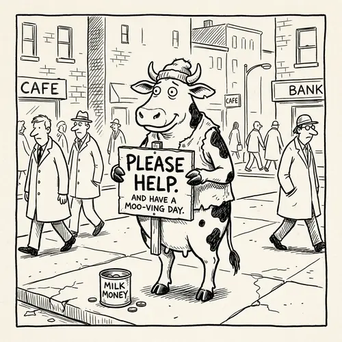 Whimsical Cow Begging for Help | The Far Side Style