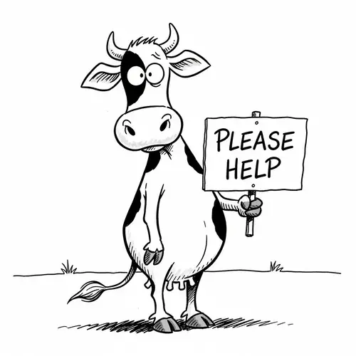 Whimsical Cow Begging for Help | The Far Side Style
