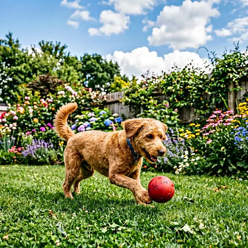 Playful Domestic Dog with Short Wavy Fur and Red Ball