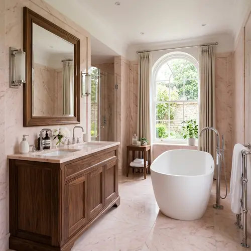 Elegant Bathroom in Pink Marble and Walnut Wood