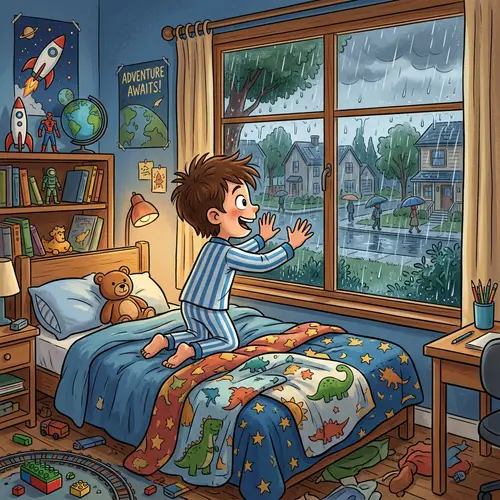Excited Boy Watching the Rain - Cartoon Image