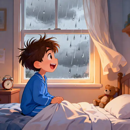 Excited Boy Watching the Rain - Cartoon Image