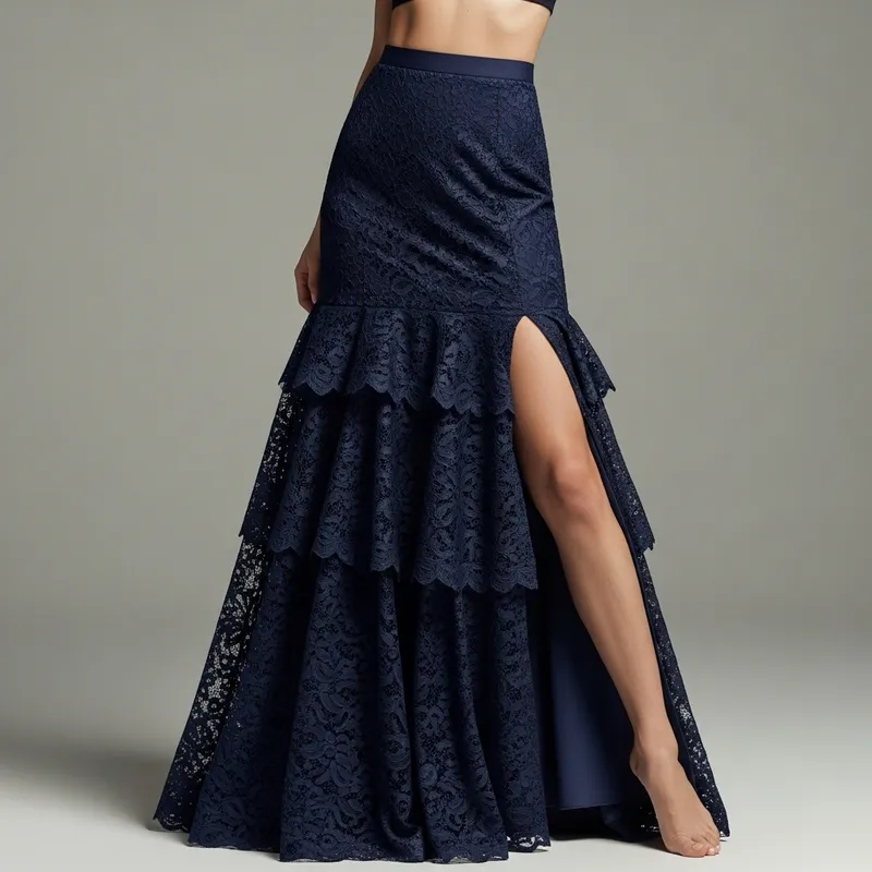 Lace Layered Skirt with Right Leg Slit