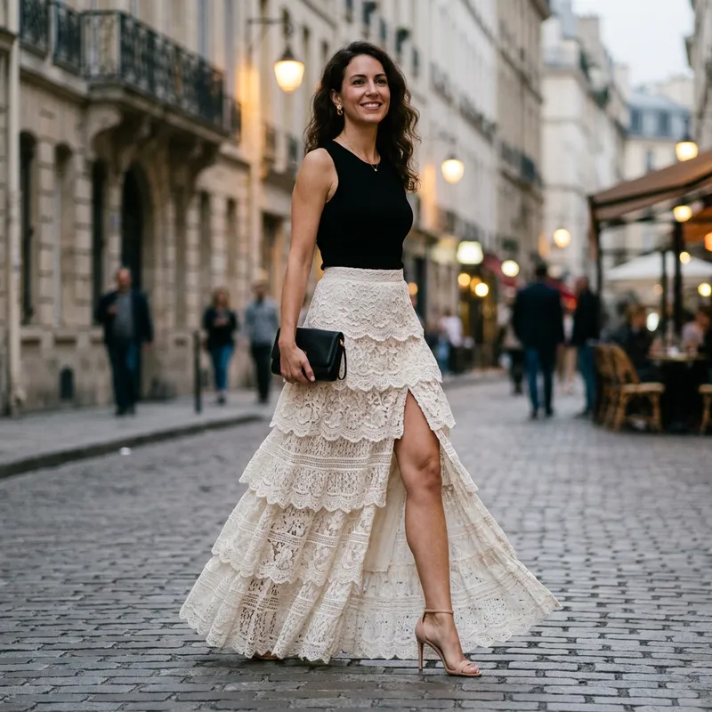 Lace Layered Skirt with Right Leg Slit