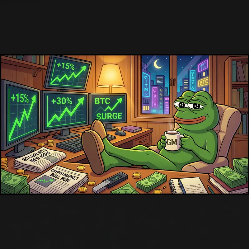Pepe the Frog in a Cozy Trading Room