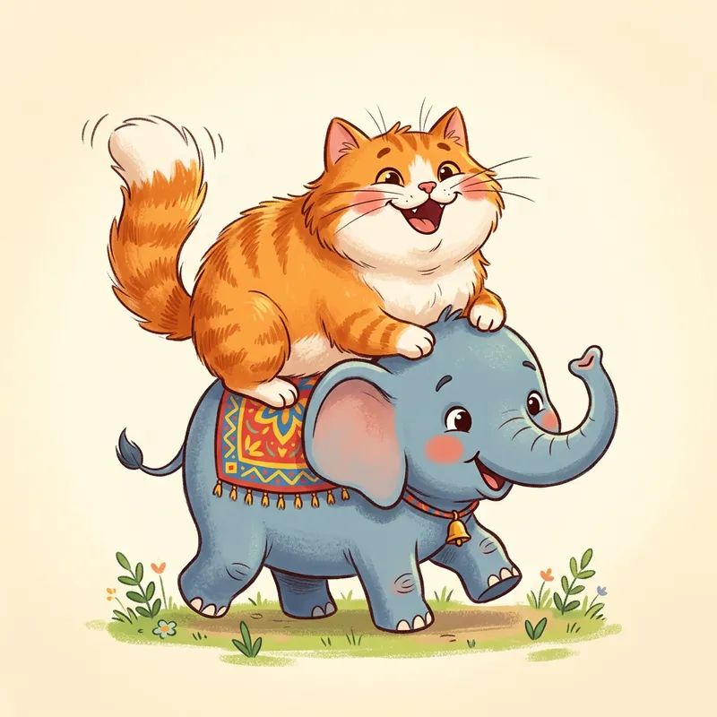 Whimsical Elephant Carrying Cat: Cute Cartoon Illustration Whimsical Elephant Carrying Cat: Cute Cartoon Illustration