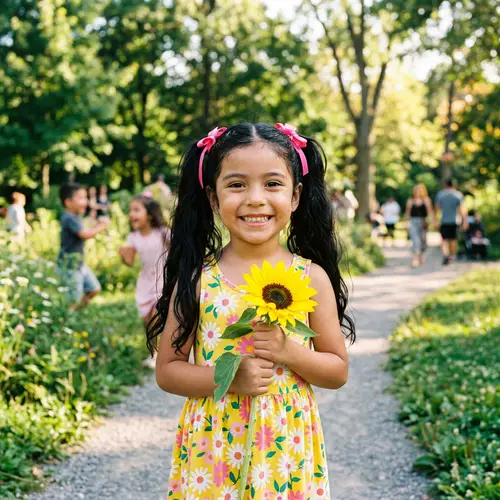 Smiling Hispanic Girl in Yellow Sundress with Sunflower