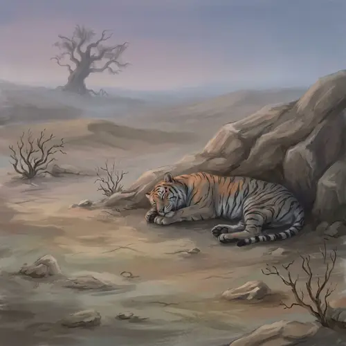 Dream-Like Digital Painting of a Weary Tiger in a Barren Landscape