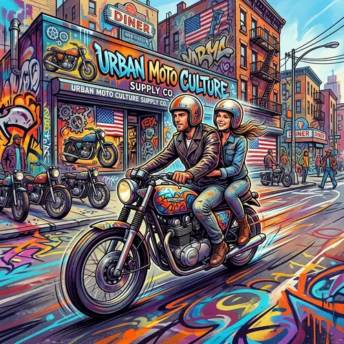 Vintage-Style Motorcycle Riding Through Layton Street Art