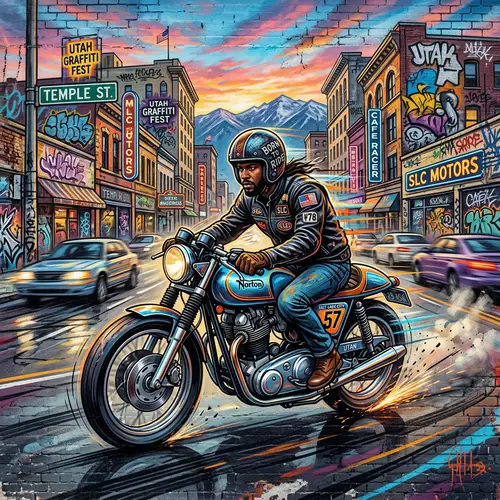 American Man Riding Vintage Cafe-Style Motorcycle - Layton, Utah