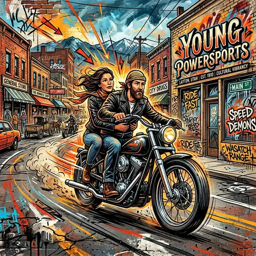 Dynamic Retro Graffiti Artwork: American Man & Woman Riding Motorcycle in Layton