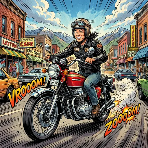 Dynamic Vintage Motorcycle Ride in Layton Utah - Comic Illustration