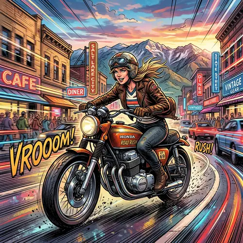 American Woman Riding Vintage Motorcycle in Layton Utah