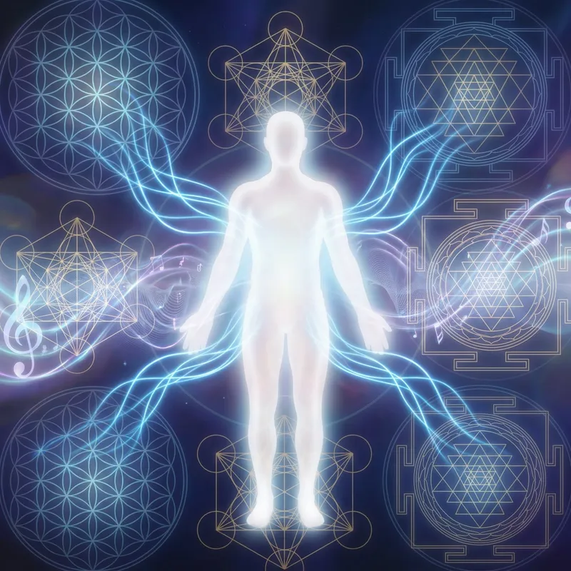 Ethereal Human Figure with Blue Energy Lines | Sacred Geometry Art