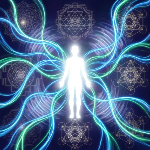 Radiant White Aura with Vibrant Energy Lines and Sacred Geometry