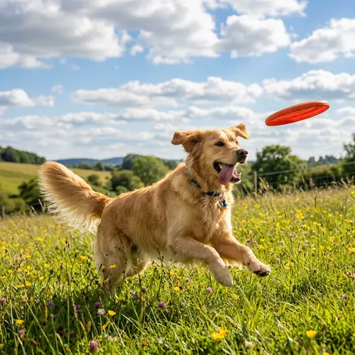Joyful Golden Retriever Playing in Green Meadow