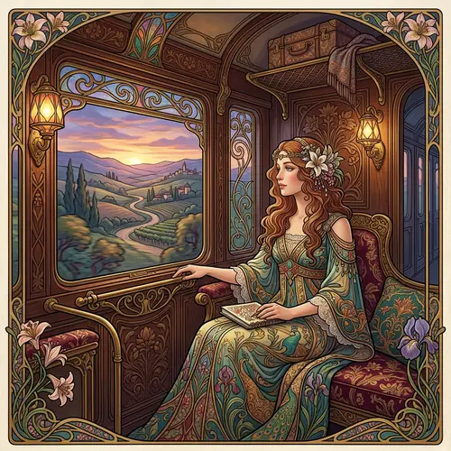 Art Nouveau Girl on Train Artwork