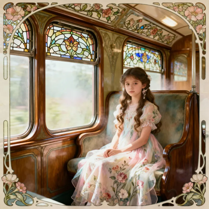 Art Nouveau Girl on Train Artwork