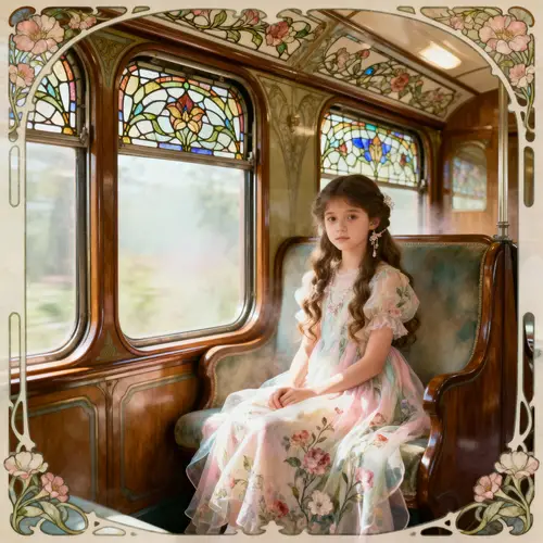 Art Nouveau Girl on Train Artwork
