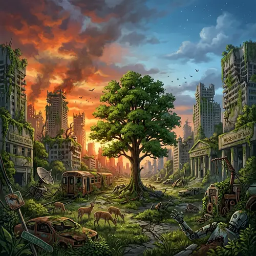 End of Human Civilization: Post-Apocalyptic Cityscape Illustration