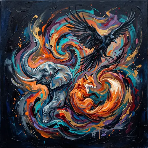 Abstract Animals Art: Elephant, Fox, Raven in Swirling Colors