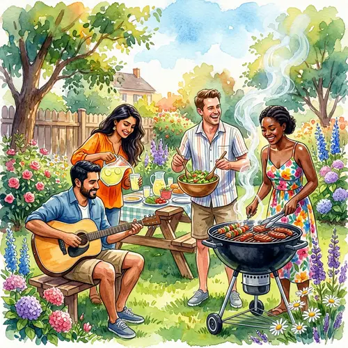 Vibrant Outdoor BBQ Watercolor Painting
