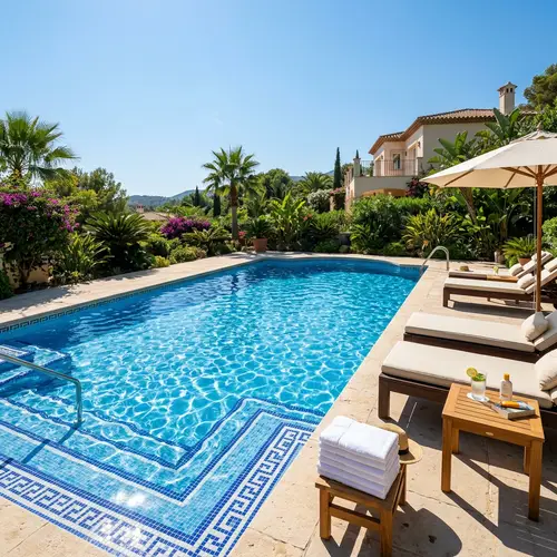 Luxurious Sparkling Blue Pool | High-End Patio & Greenery