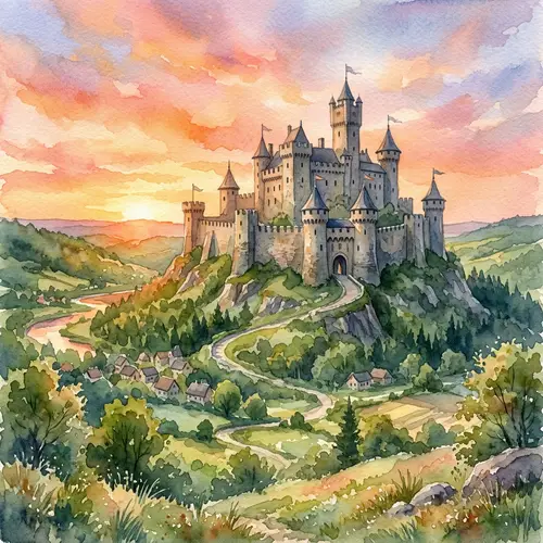 Ancient Fortress Castle Watercolor Illustration