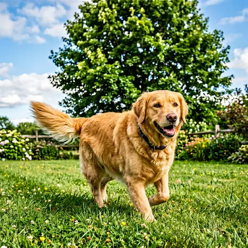 Cheerful Fat Dog in Golden Fur: Heartwarming Scene in Grassy Yard