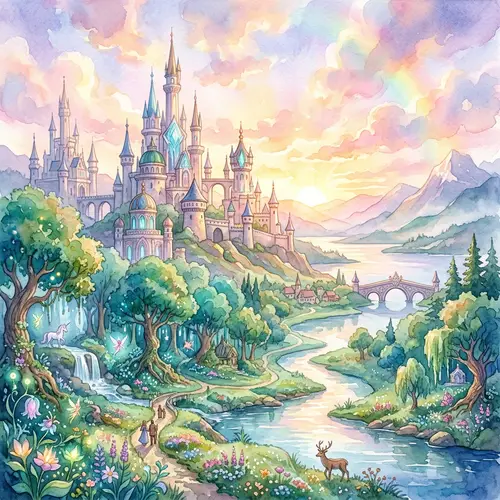 Majestic Watercolor Magic Kingdom Landscape