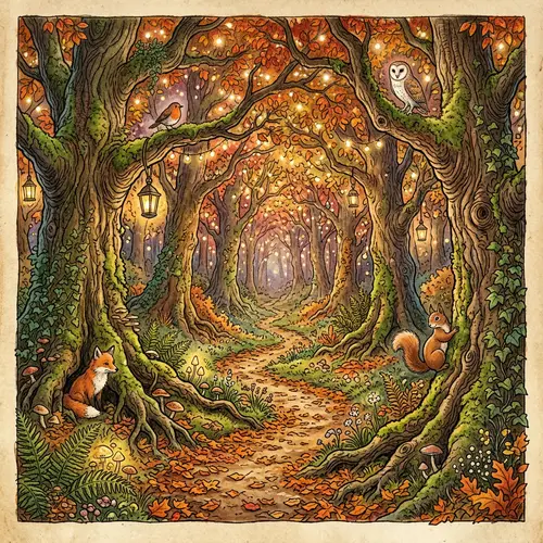 Enchanted Forest Vintage | Old Storybook Scene with Fairy Lights