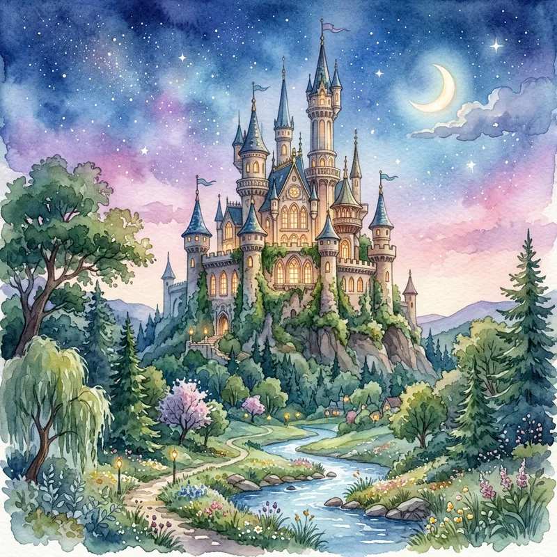 Magical Castle Watercolor Scene