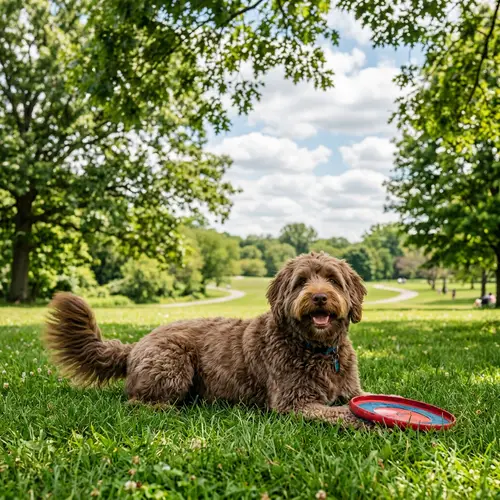Chubby Cute Dog Lounging in Lush Park Environment