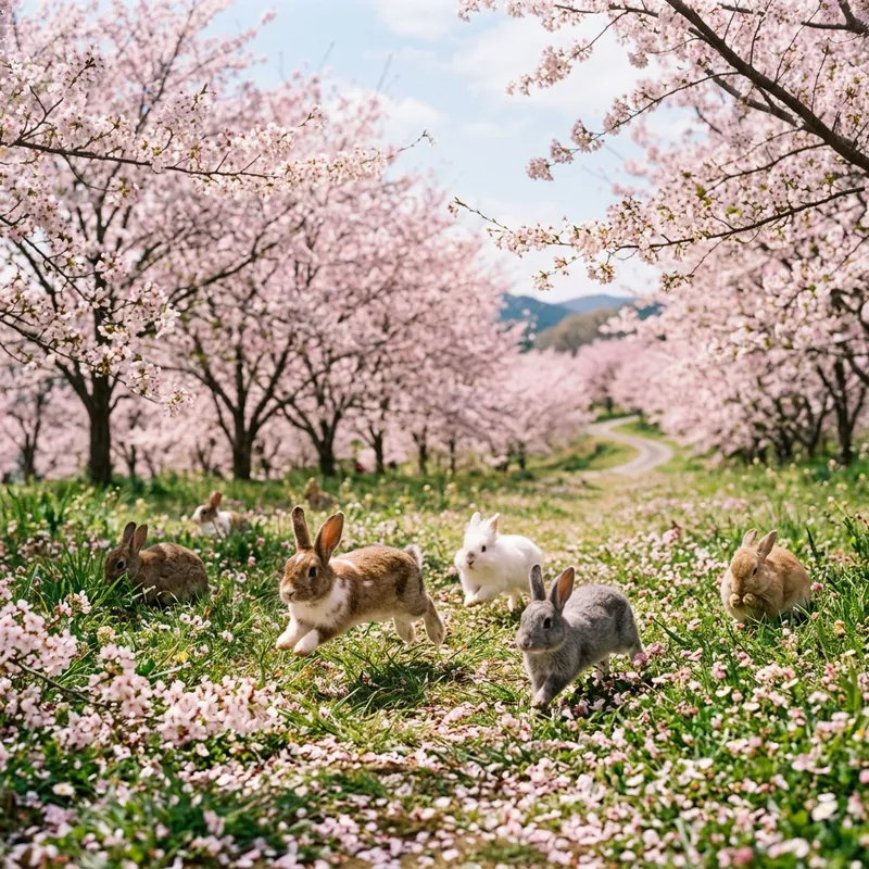 Rabbits Playing in Sakura Flower Field