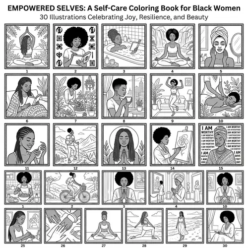 Black and White Empowering Illustrations for Black Women's Self-Care Coloring Book