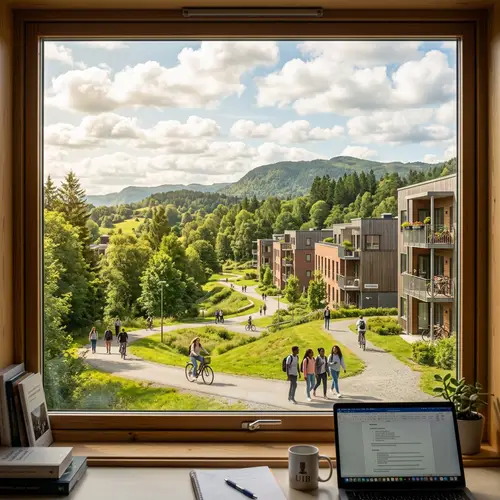 Student Apartment View at Hatleberg: Sweeping Greenery & Modern Architecture