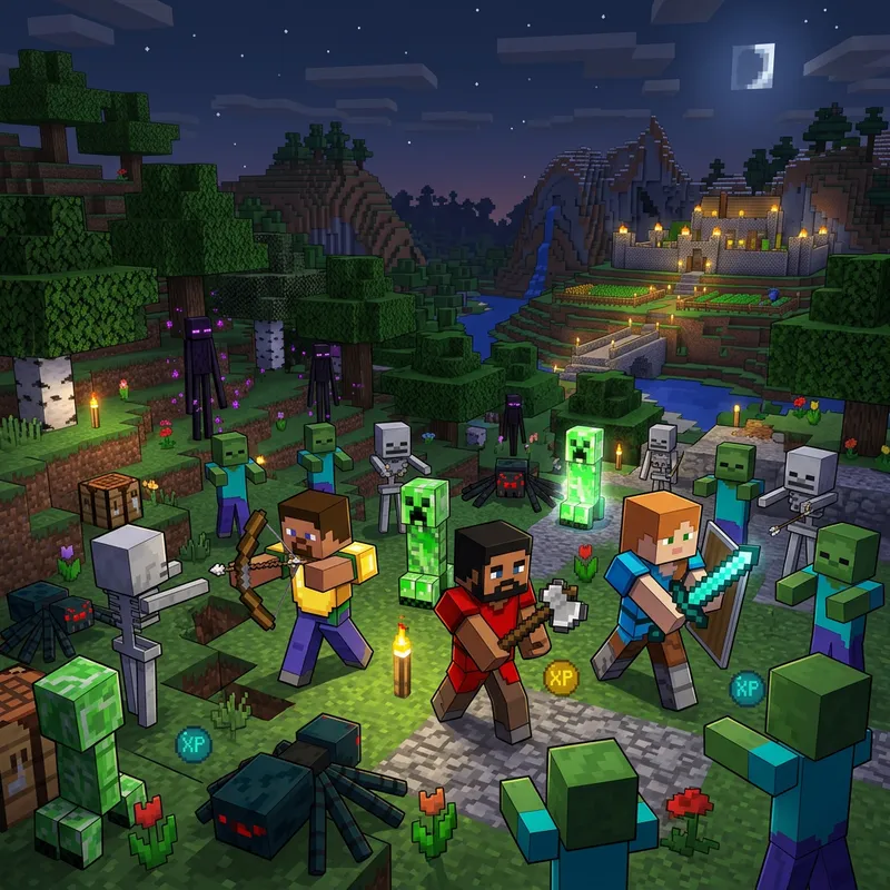 Survive Minecraft - Diverse Players vs Hostile Creatures